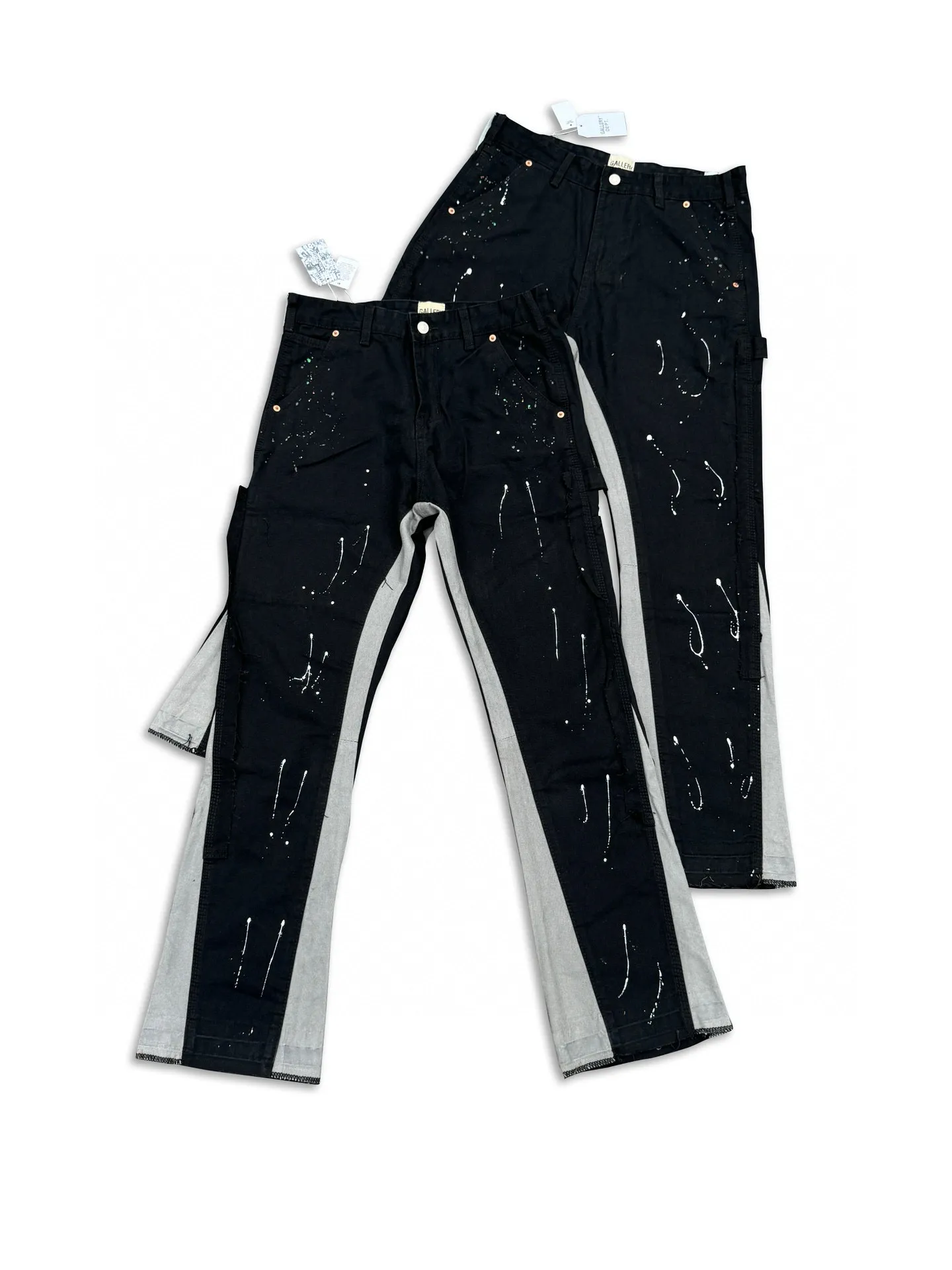 -Size upper body P220#G33 GALLERY DEPT. Spliced ​​washed retro jeans for men and women, high street splash-ink pants, micro-flared casual trousers, trendy couple, same style. Color: black. Size: S-XXL (corresponding to 28-36)
